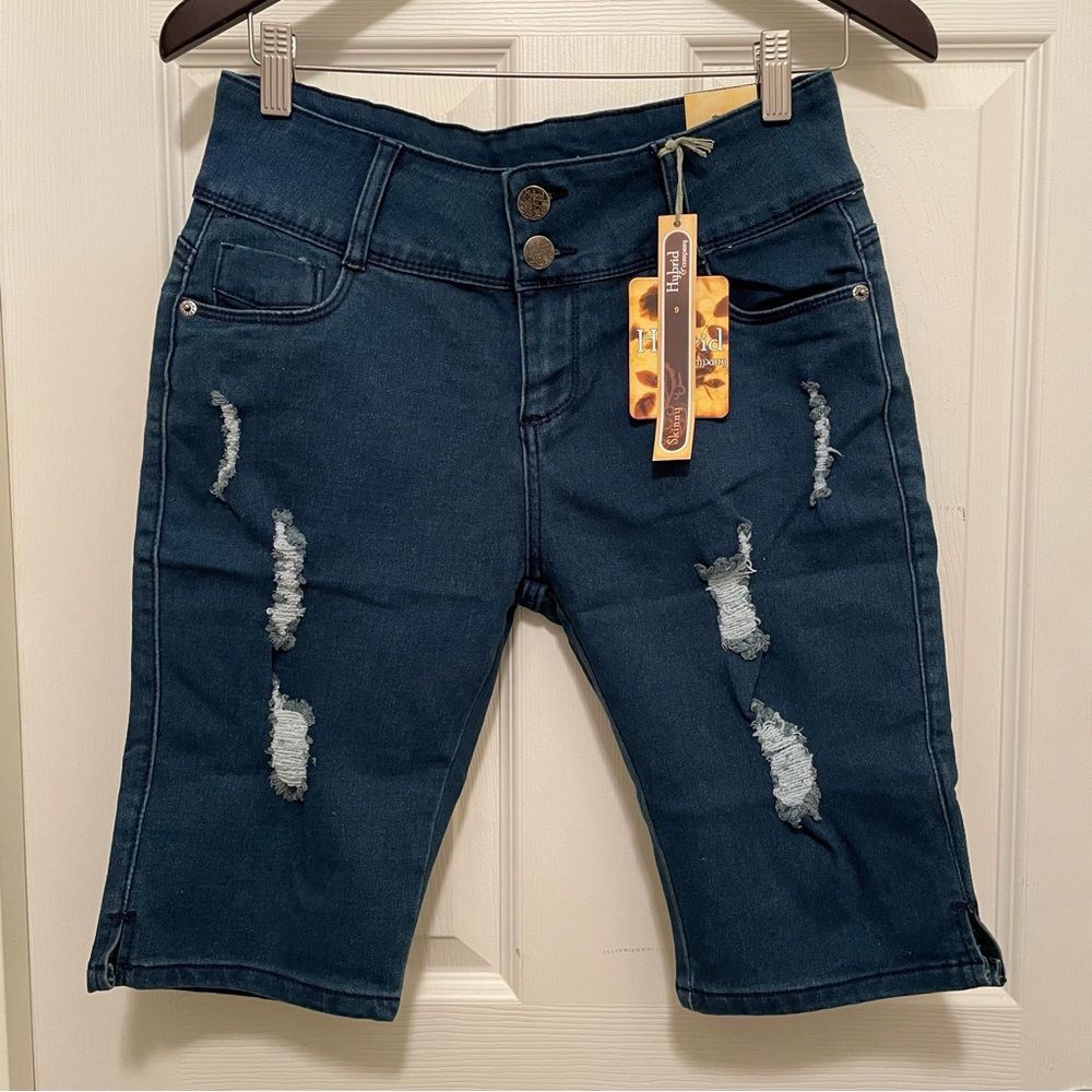 New Hybrid & Company‎ Jean Shorts Dark Wash Distressed Bermuda Women's Size 9